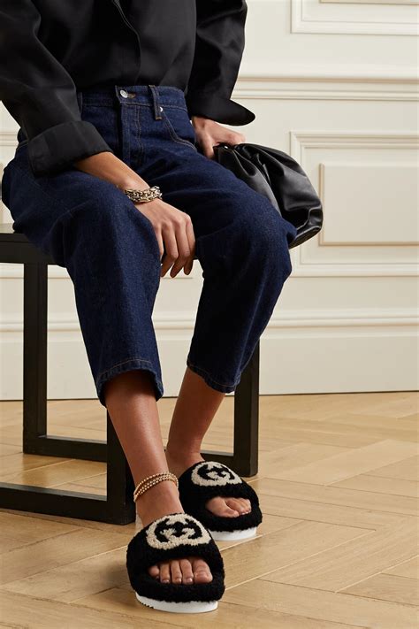 gucci eileen logo-print shearling slides